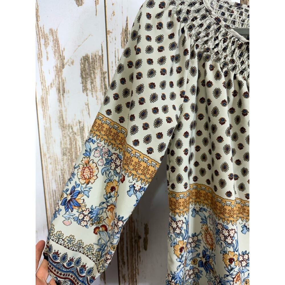 Tantrums, Cream Floral Border Peasant Top w/Blue and Gold Accents. Size Medium. - Picture 2 of 6